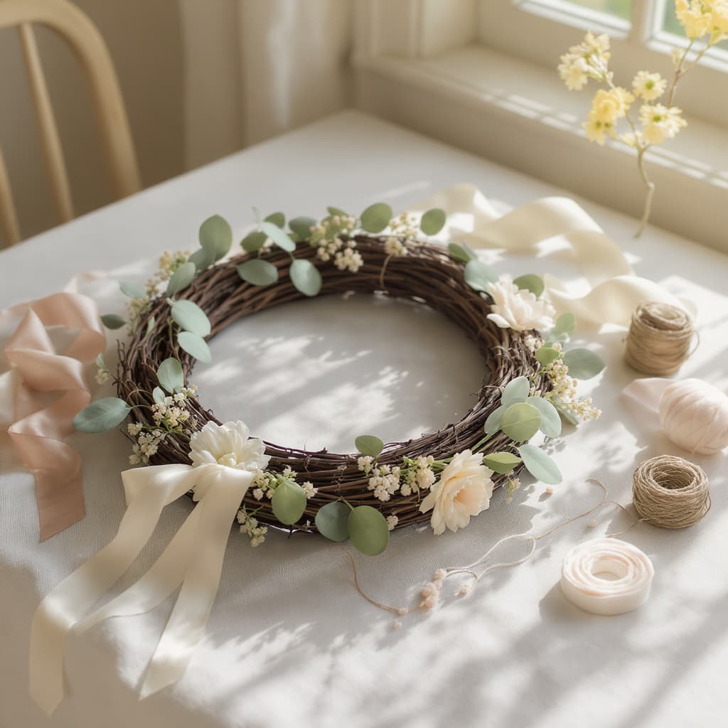 A partial Spring Wreath Kit laid out on a linen table — a small grapevine wreath form with eucalyptus leaves, soft blush and cream dried florals, ribbon, and twine.