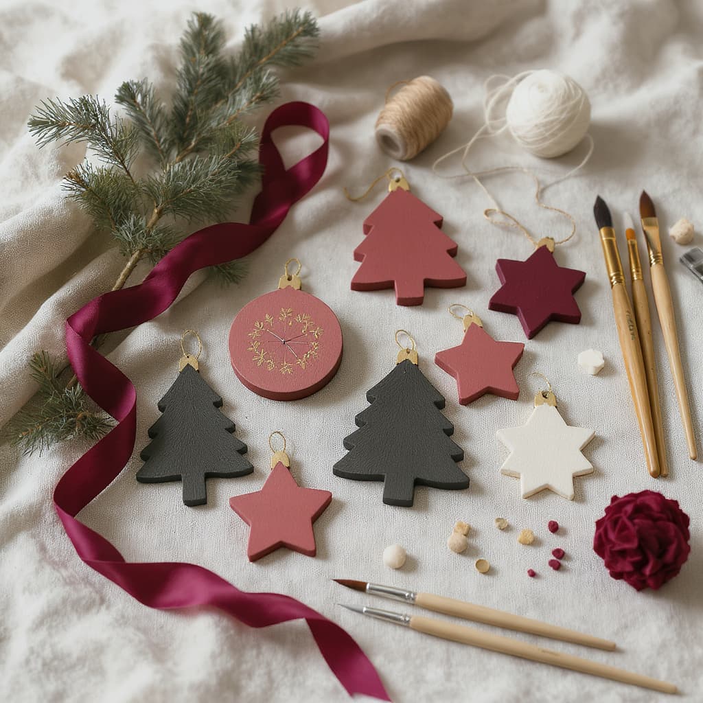 A generated concept render of the Holiday Ornament Kit — metallic painted ornaments with ribbon loops on a green branch.